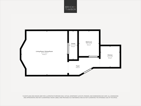A black and white image of a floor plan for a property by Brick+Timber.
